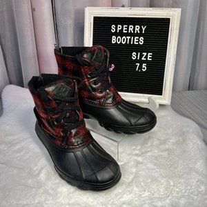 Sperry Red & Black Plaid Saltwater 🌨 Wedge Tide Wool Ankle Boots - 7.5